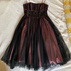 Betsy & Adam black sheer and pink formal dress